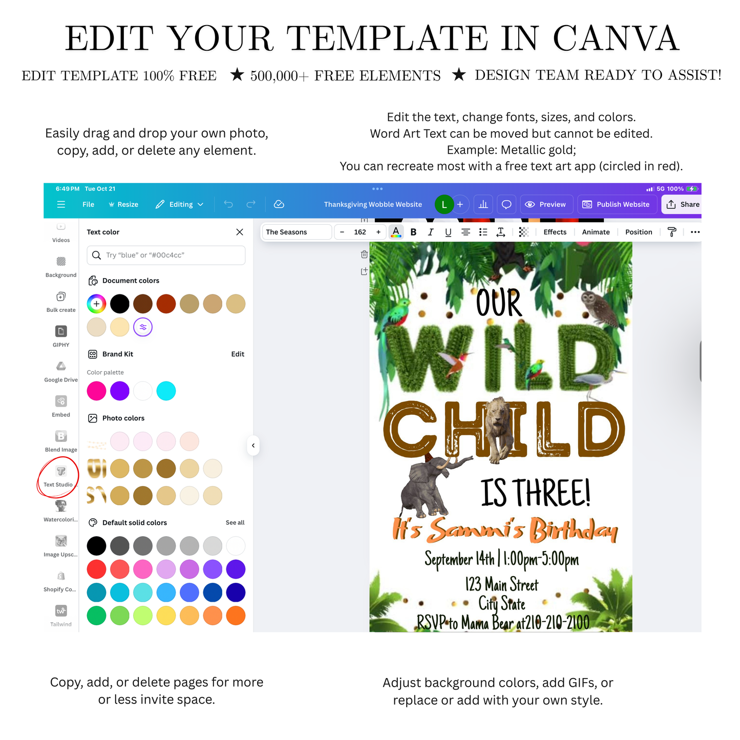 Editable wild jungle birthday birthday video invitation displayed on a mobile phone, featuring an animated vertical digital invite with music, created in Canva. This premium video invitation template is designed for sharing by text, email, and social media and works with an interactive RSVP website for easy guest response tracking.