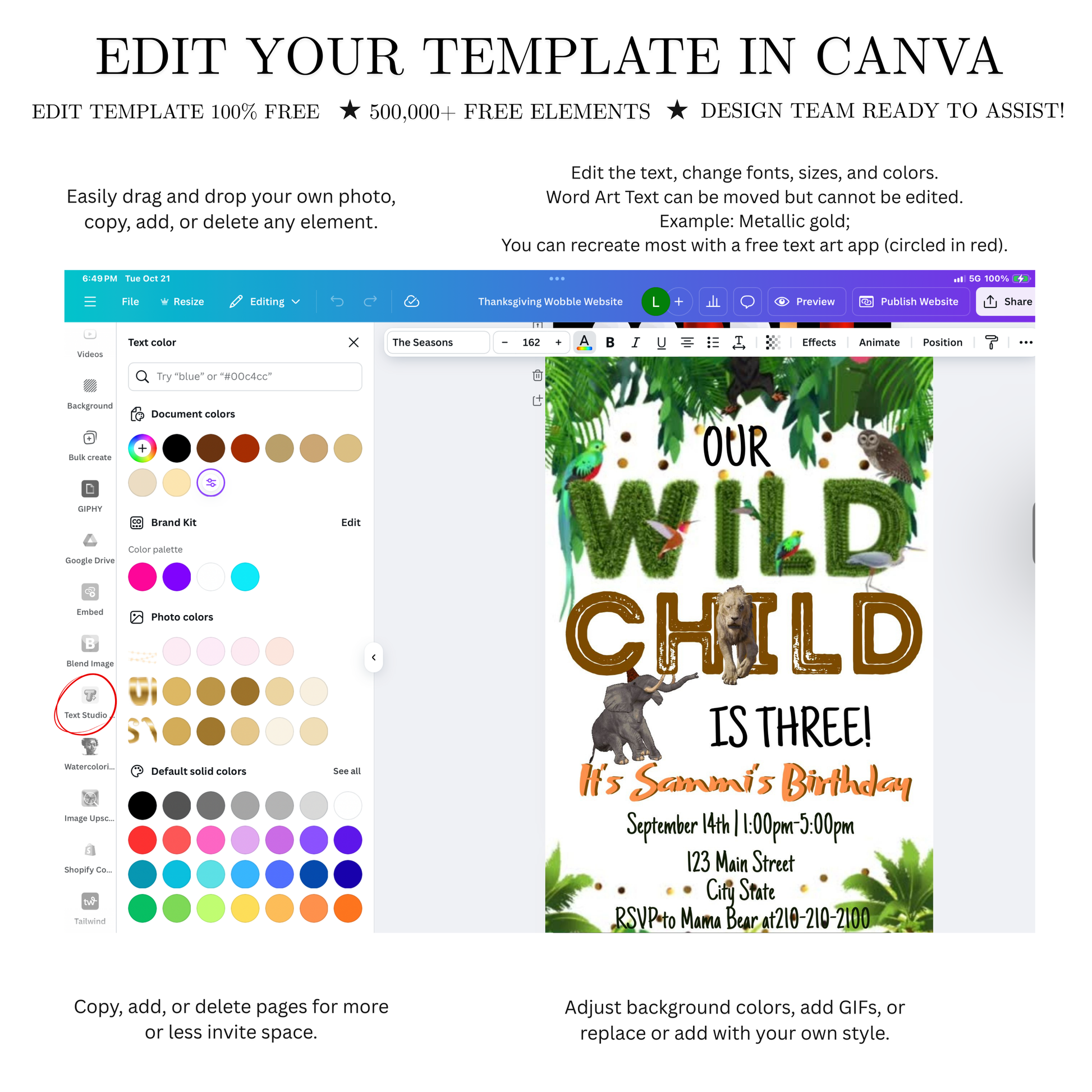 Editable wild jungle birthday birthday video invitation displayed on a mobile phone, featuring an animated vertical digital invite with music, created in Canva. This premium video invitation template is designed for sharing by text, email, and social media and works with an interactive RSVP website for easy guest response tracking.