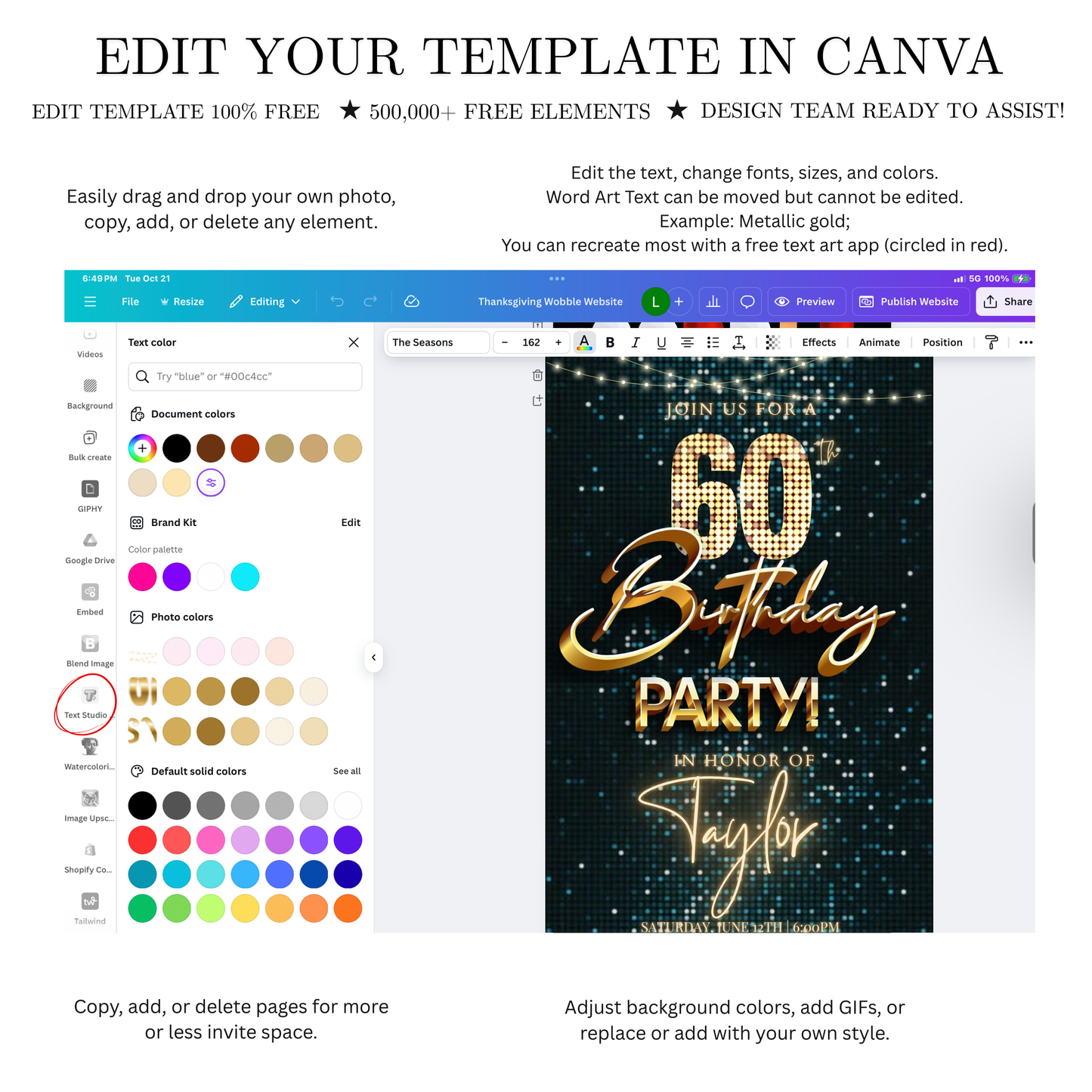 Editable teal gold disco 60th birthday birthday video invitation displayed on a mobile phone, featuring an animated vertical digital invite with music, created in Canva. This premium video invitation template is designed for sharing by text, email, and social media and works with an interactive RSVP website for easy guest response tracking.
