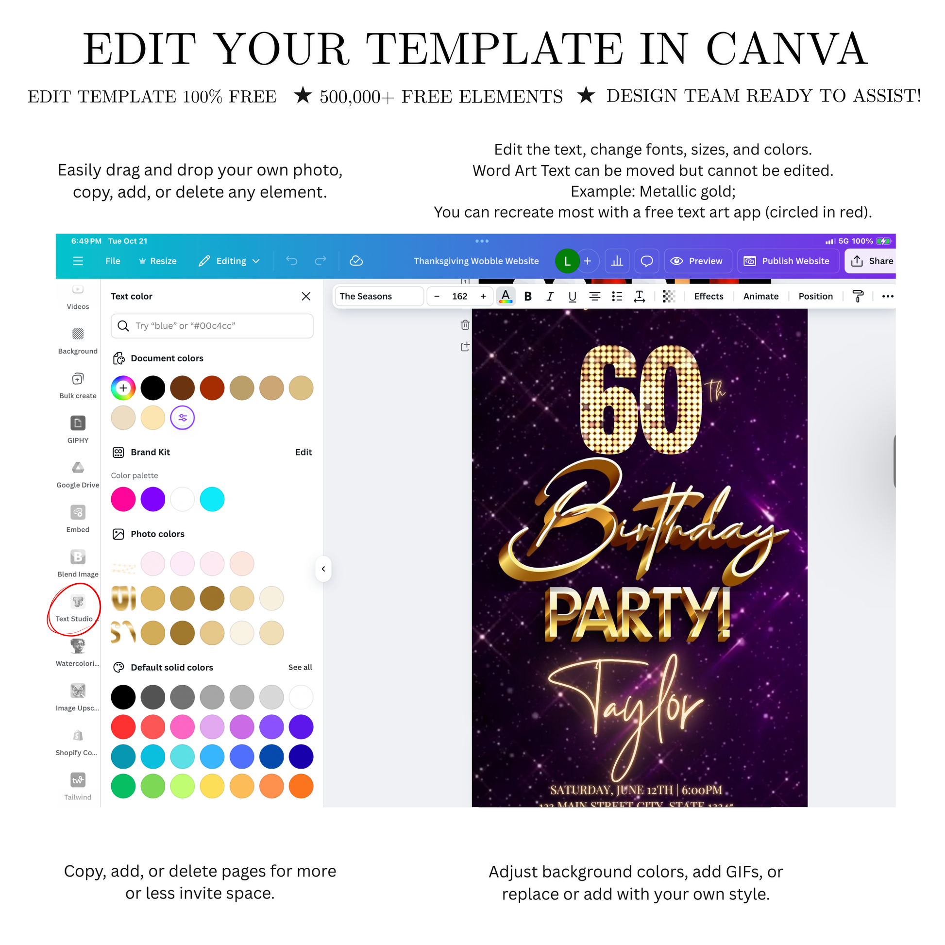 Editable purple gold elegant 60th birthday birthday video invitation displayed on a mobile phone, featuring an animated vertical digital invite with music, created in Canva. This premium video invitation template is designed for sharing by text, email, and social media and works with an interactive RSVP website for easy guest response tracking.