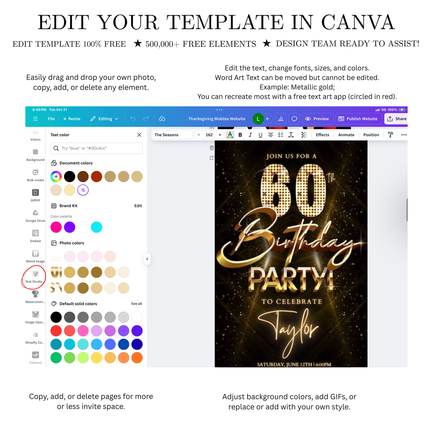 Editable luxury gold spotlight 60th birthday birthday video invitation displayed on a mobile phone, featuring an animated vertical digital invite with music, created in Canva. This premium video invitation template is designed for sharing by text, email, and social media and works with an interactive RSVP website for easy guest response tracking.