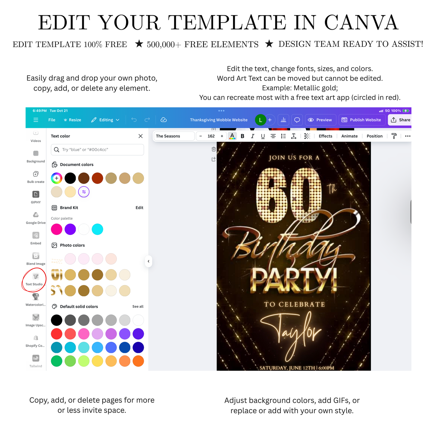 Editable gold glitter 60th birthday birthday video invitation displayed on a mobile phone, featuring an animated vertical digital invite with music, created in Canva. This premium video invitation template is designed for sharing by text, email, and social media and works with an interactive RSVP website for easy guest response tracking.