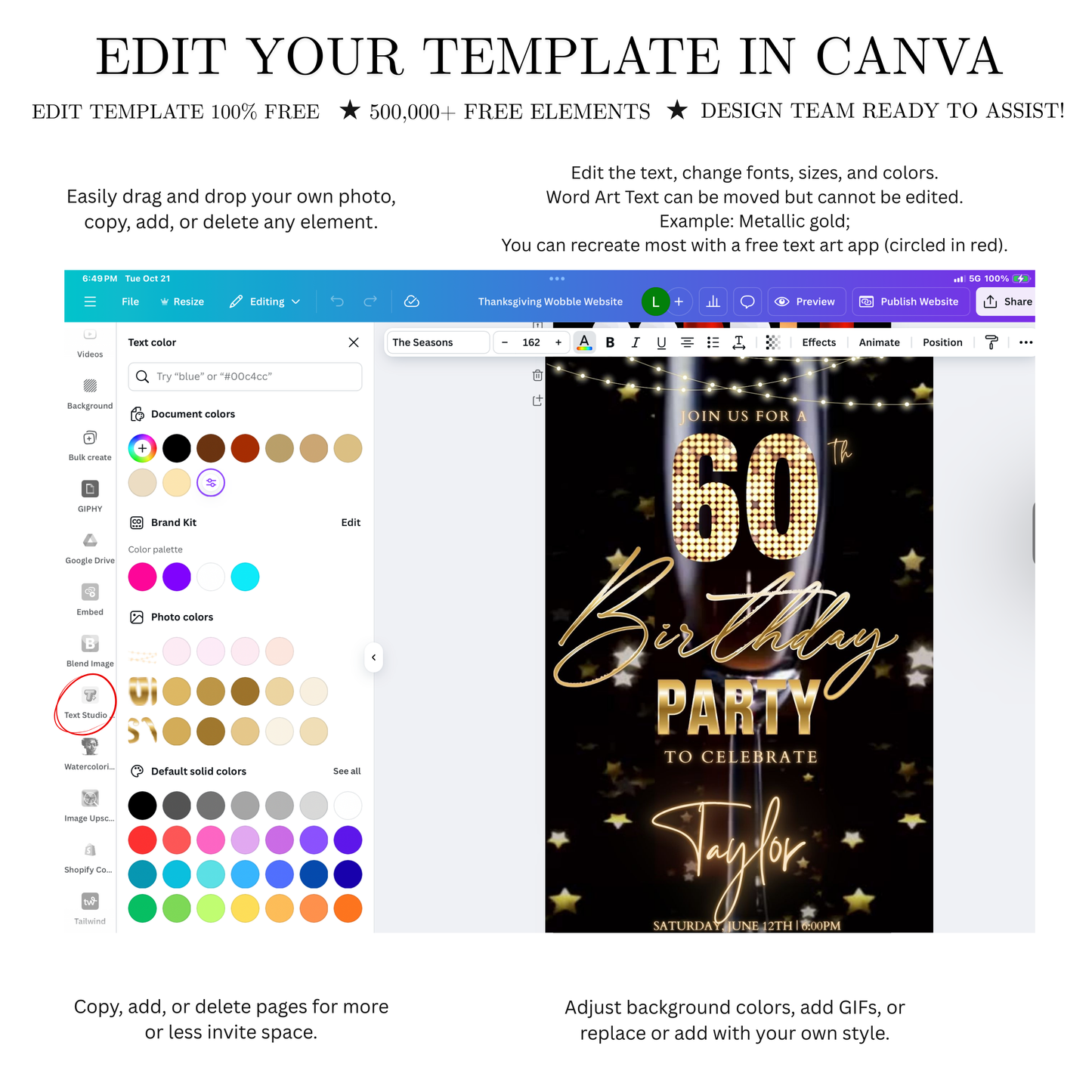 Editable champagne celebration 60th birthday birthday video invitation displayed on a mobile phone, featuring an animated vertical digital invite with music, created in Canva. This premium video invitation template is designed for sharing by text, email, and social media and works with an interactive RSVP website for easy guest response tracking.