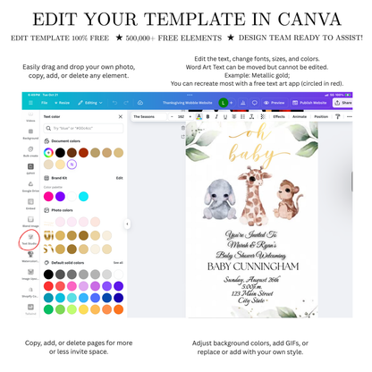 Editable safari baby shower baby shower video invitation displayed on a mobile phone, featuring an animated vertical digital invite with music, created in Canva. This premium video invitation template is designed for sharing by text, email, and social media and works with an interactive RSVP website for easy guest response tracking.