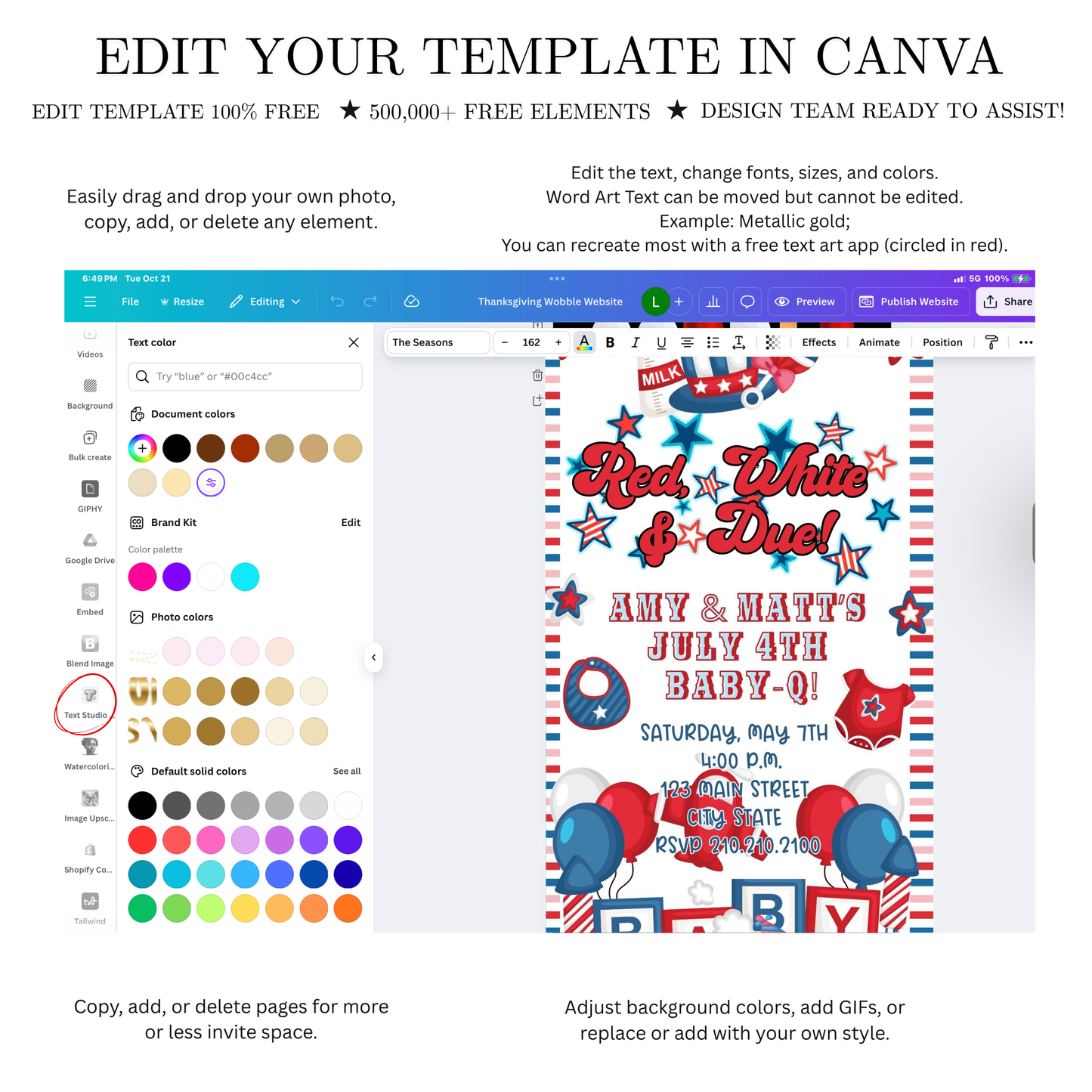 Editable red white blue 4th of july baby shower baby shower video invitation displayed on a mobile phone, featuring an animated vertical digital invite with music, created in Canva. This premium video invitation template is designed for sharing by text, email, and social media and works with an interactive RSVP website for easy guest response tracking.