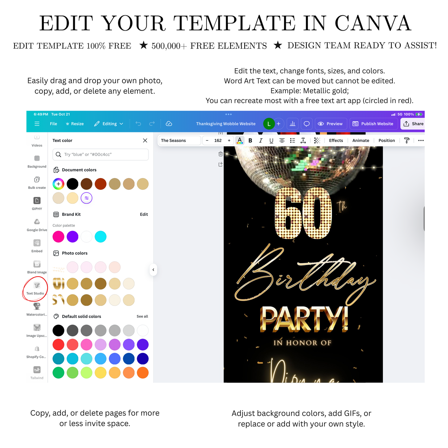 Editable disco ball gold 60th birthday birthday video invitation displayed on a mobile phone, featuring an animated vertical digital invite with music, created in Canva. This premium video invitation template is designed for sharing by text, email, and social media and works with an interactive RSVP website for easy guest response tracking.