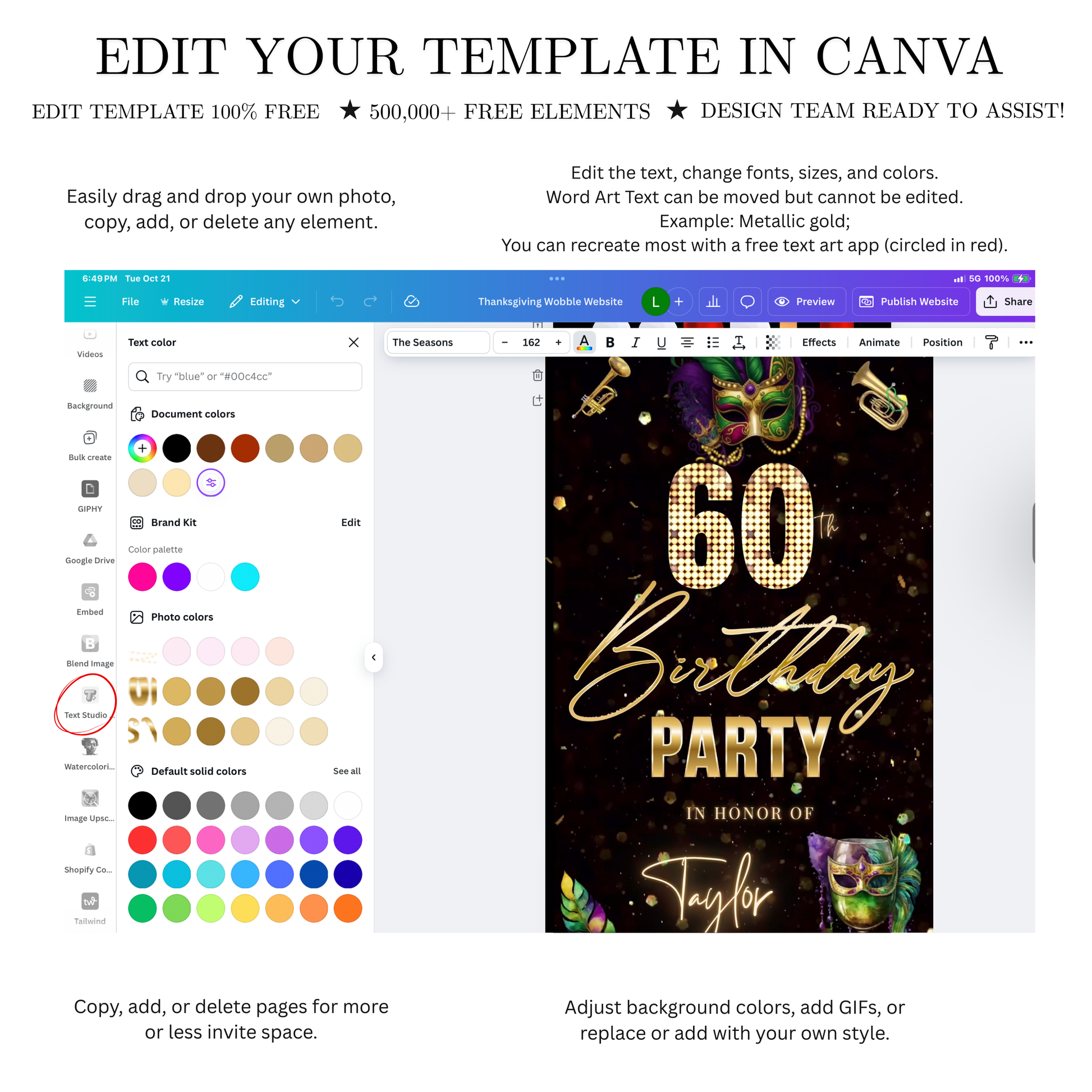Editable mardi gras masquerade 60th birthday birthday video invitation displayed on a mobile phone, featuring an animated vertical digital invite with music, created in Canva. This premium video invitation template is designed for sharing by text, email, and social media and works with an interactive RSVP website for easy guest response tracking.