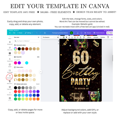 Editable mardi gras masquerade 60th birthday birthday video invitation displayed on a mobile phone, featuring an animated vertical digital invite with music, created in Canva. This premium video invitation template is designed for sharing by text, email, and social media and works with an interactive RSVP website for easy guest response tracking.