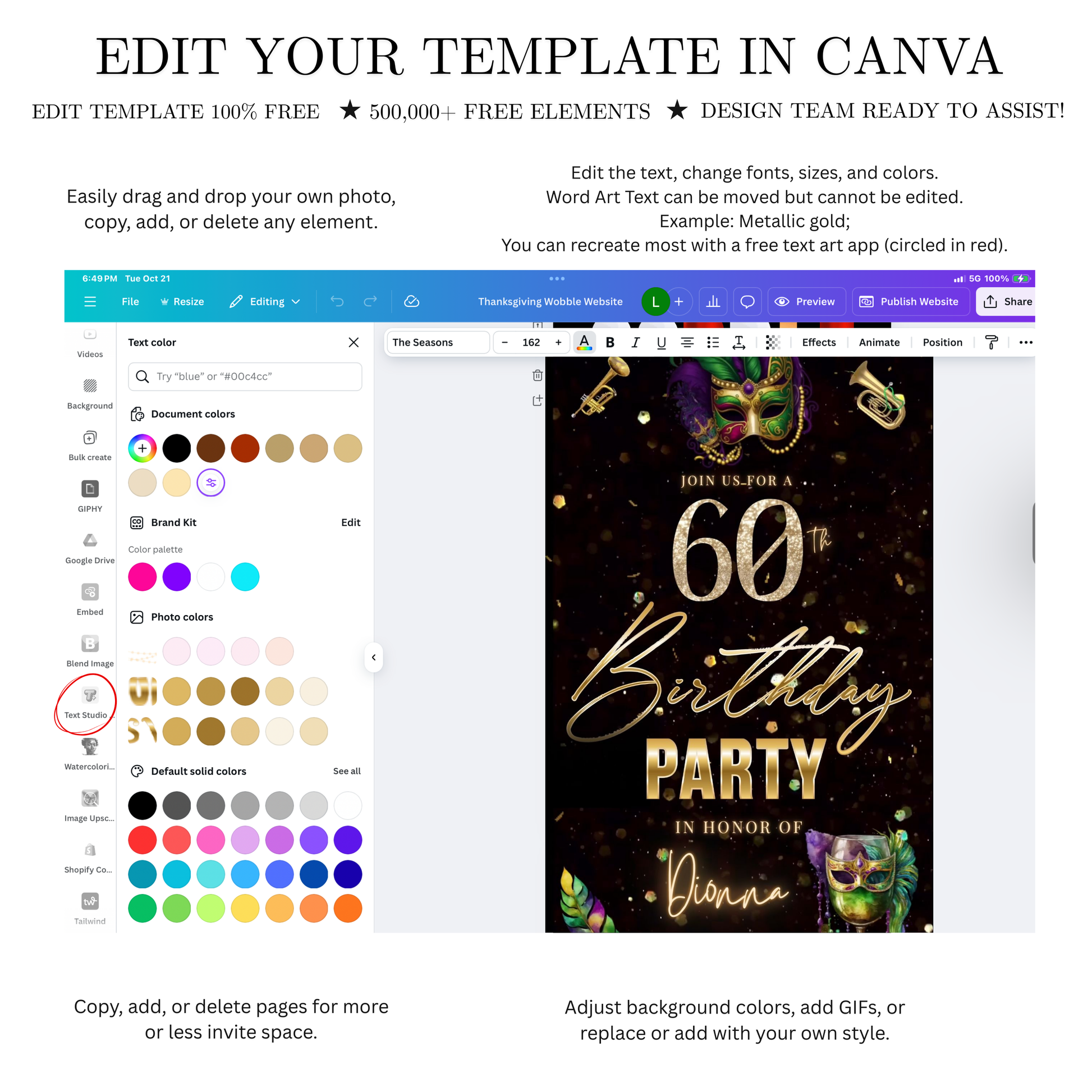 Editable masquerade mardi gras 60th birthday birthday video invitation displayed on a mobile phone, featuring an animated vertical digital invite with music, created in Canva. This premium video invitation template is designed for sharing by text, email, and social media and works with an interactive RSVP website for easy guest response tracking.