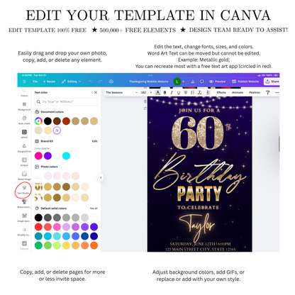 Editable purple gold starry 60th birthday birthday video invitation displayed on a mobile phone, featuring an animated vertical digital invite with music, created in Canva. This premium video invitation template is designed for sharing by text, email, and social media and works with an interactive RSVP website for easy guest response tracking.