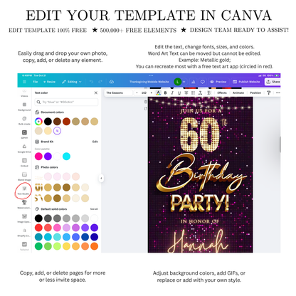 Editable violet gold sequin 60th birthday birthday video invitation displayed on a mobile phone, featuring an animated vertical digital invite with music, created in Canva. This premium video invitation template is designed for sharing by text, email, and social media and works with an interactive RSVP website for easy guest response tracking.