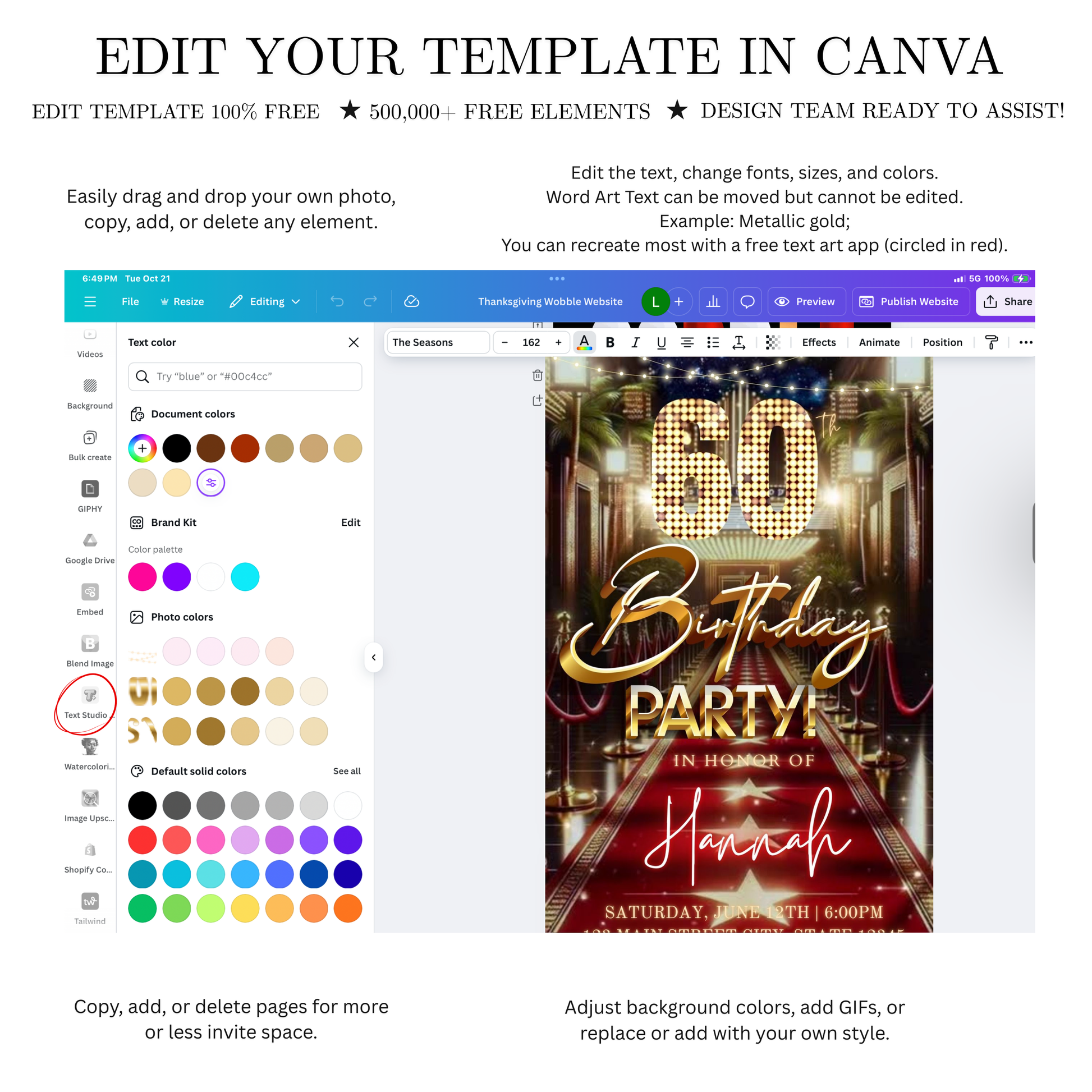 Editable hollywood red carpet 60th birthday birthday video invitation displayed on a mobile phone, featuring an animated vertical digital invite with music, created in Canva. This premium video invitation template is designed for sharing by text, email, and social media and works with an interactive RSVP website for easy guest response tracking.