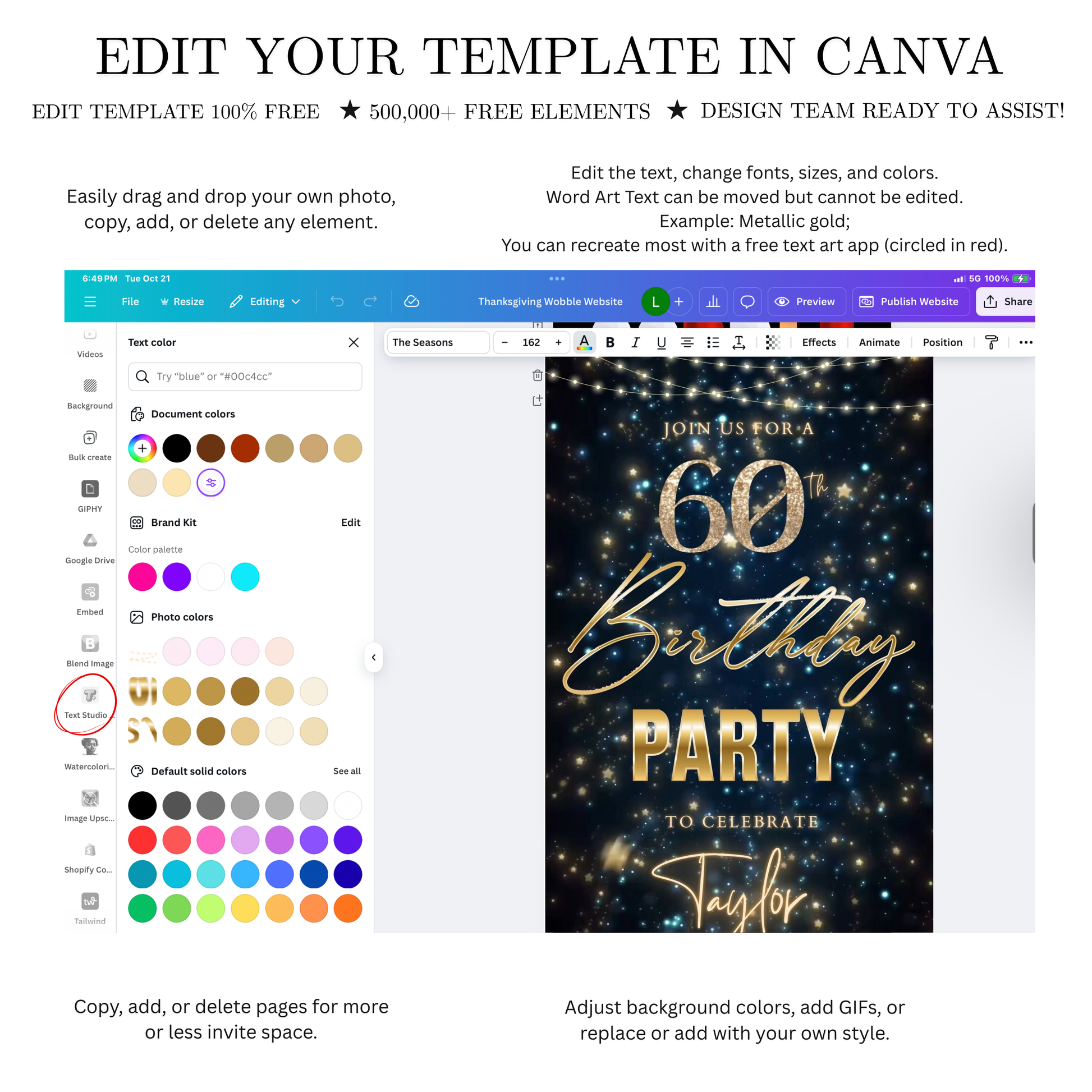 Editable teal gold star confetti 60th birthday birthday video invitation displayed on a mobile phone, featuring an animated vertical digital invite with music, created in Canva. This premium video invitation template is designed for sharing by text, email, and social media and works with an interactive RSVP website for easy guest response tracking.