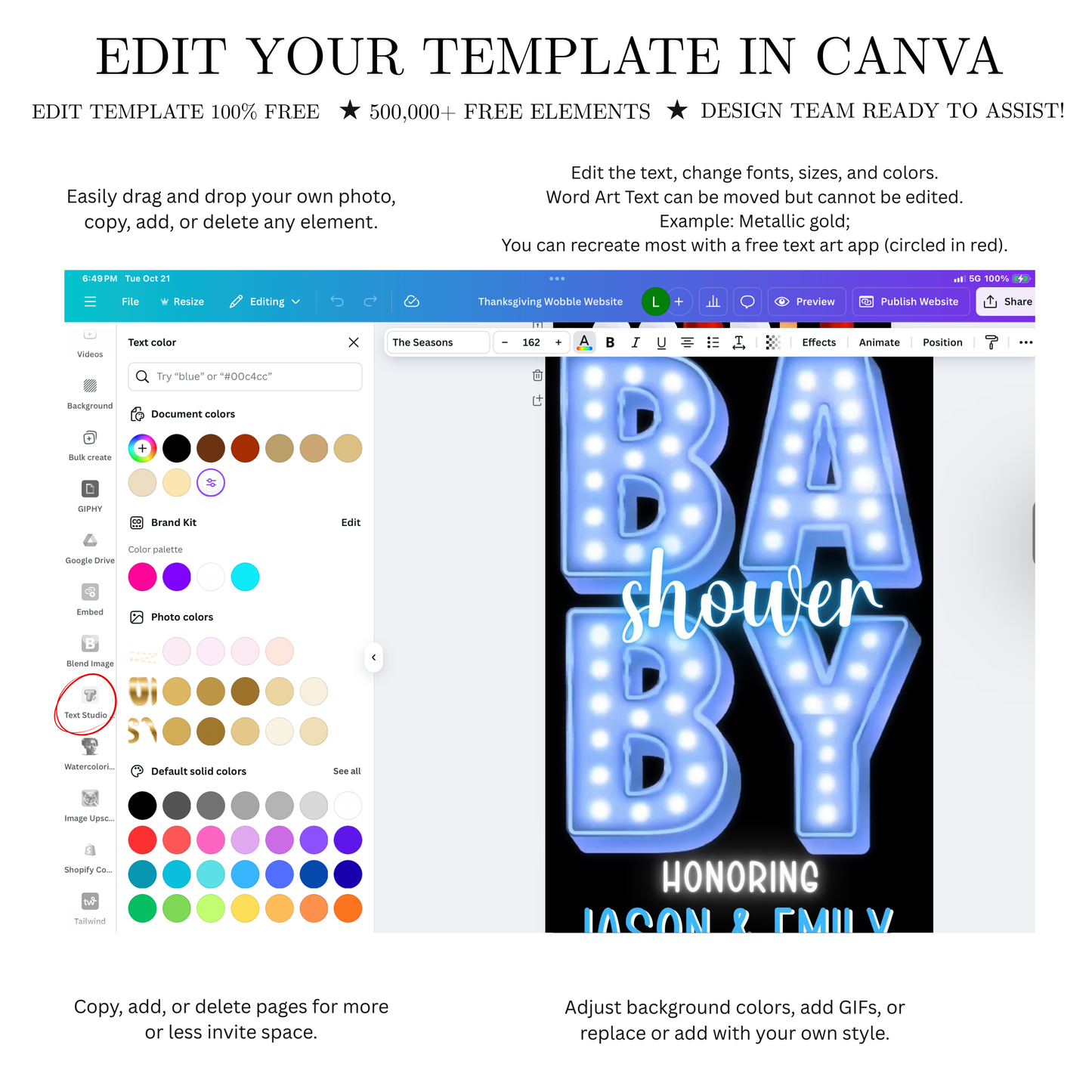 Editable blue marquee boy baby shower baby shower video invitation displayed on a mobile phone, featuring an animated vertical digital invite with music, created in Canva. This premium video invitation template is designed for sharing by text, email, and social media and works with an interactive RSVP website for easy guest response tracking.