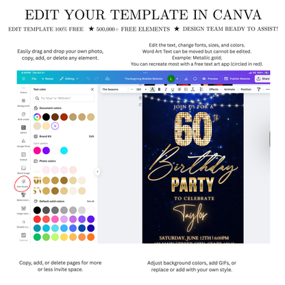Editable royal blue gold sparkle 60th birthday birthday video invitation displayed on a mobile phone, featuring an animated vertical digital invite with music, created in Canva. This premium video invitation template is designed for sharing by text, email, and social media and works with an interactive RSVP website for easy guest response tracking.