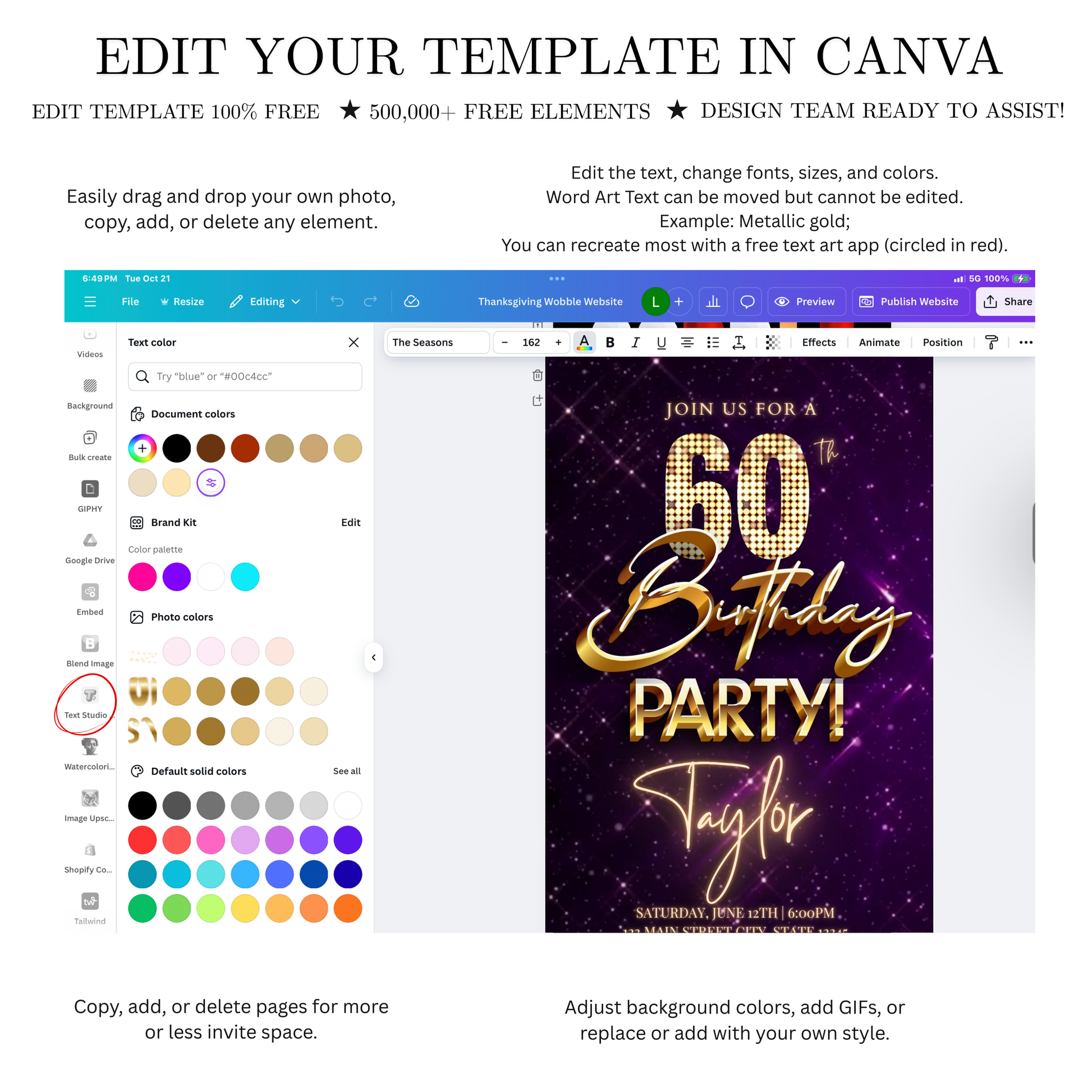 Editable purple gold sparkle 60th birthday birthday video invitation displayed on a mobile phone, featuring an animated vertical digital invite with music, created in Canva. This premium video invitation template is designed for sharing by text, email, and social media and works with an interactive RSVP website for easy guest response tracking.