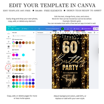 Editable gold glitter curtain 60th birthday birthday video invitation displayed on a mobile phone, featuring an animated vertical digital invite with music, created in Canva. This premium video invitation template is designed for sharing by text, email, and social media and works with an interactive RSVP website for easy guest response tracking.
