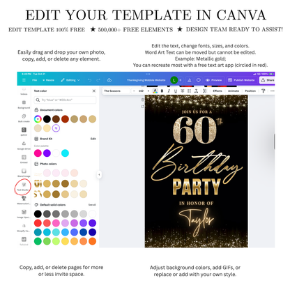 Editable gold sparkle 60th birthday birthday video invitation displayed on a mobile phone, featuring an animated vertical digital invite with music, created in Canva. This premium video invitation template is designed for sharing by text, email, and social media and works with an interactive RSVP website for easy guest response tracking.