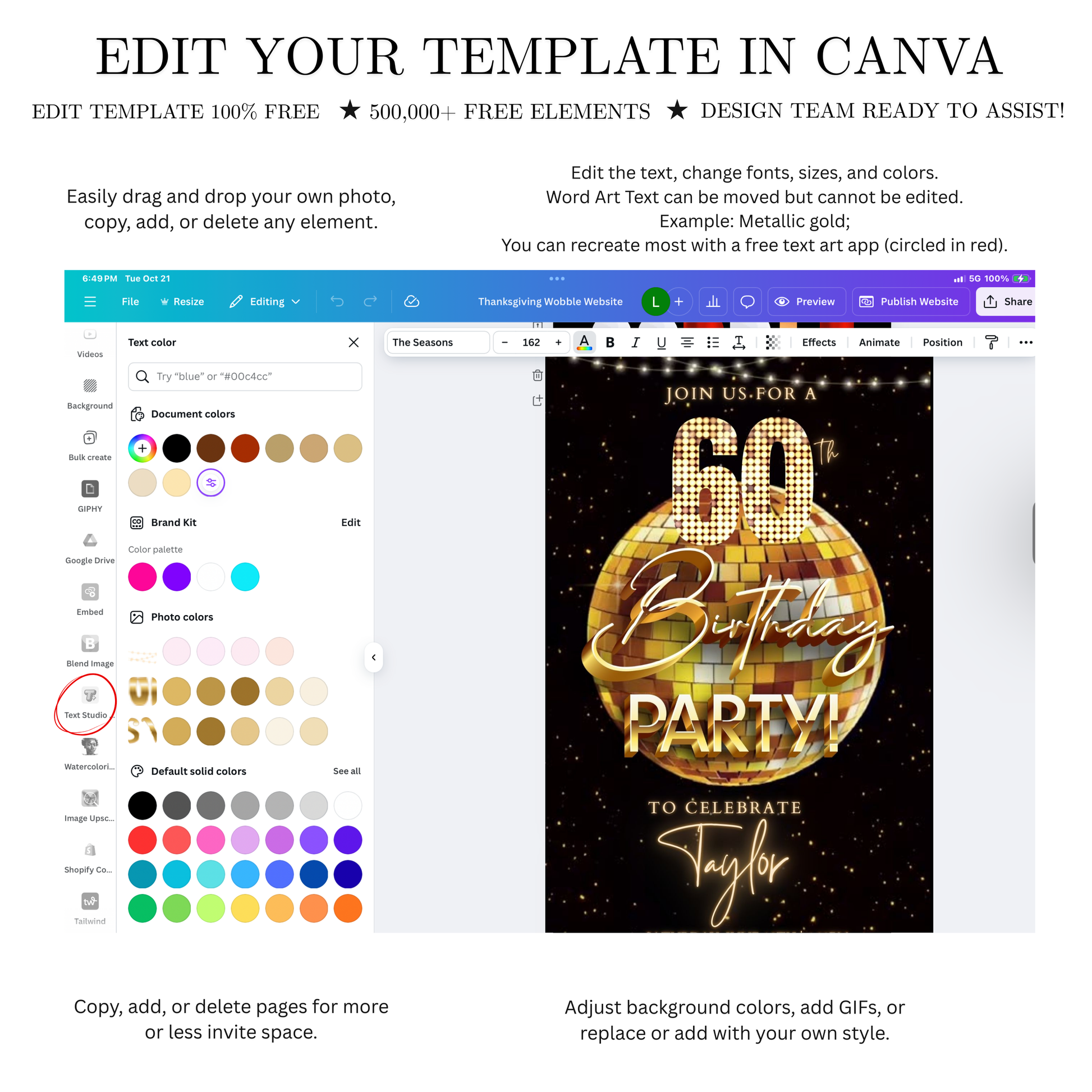 Editable gold disco ball 60th birthday birthday video invitation displayed on a mobile phone, featuring an animated vertical digital invite with music, created in Canva. This premium video invitation template is designed for sharing by text, email, and social media and works with an interactive RSVP website for easy guest response tracking.