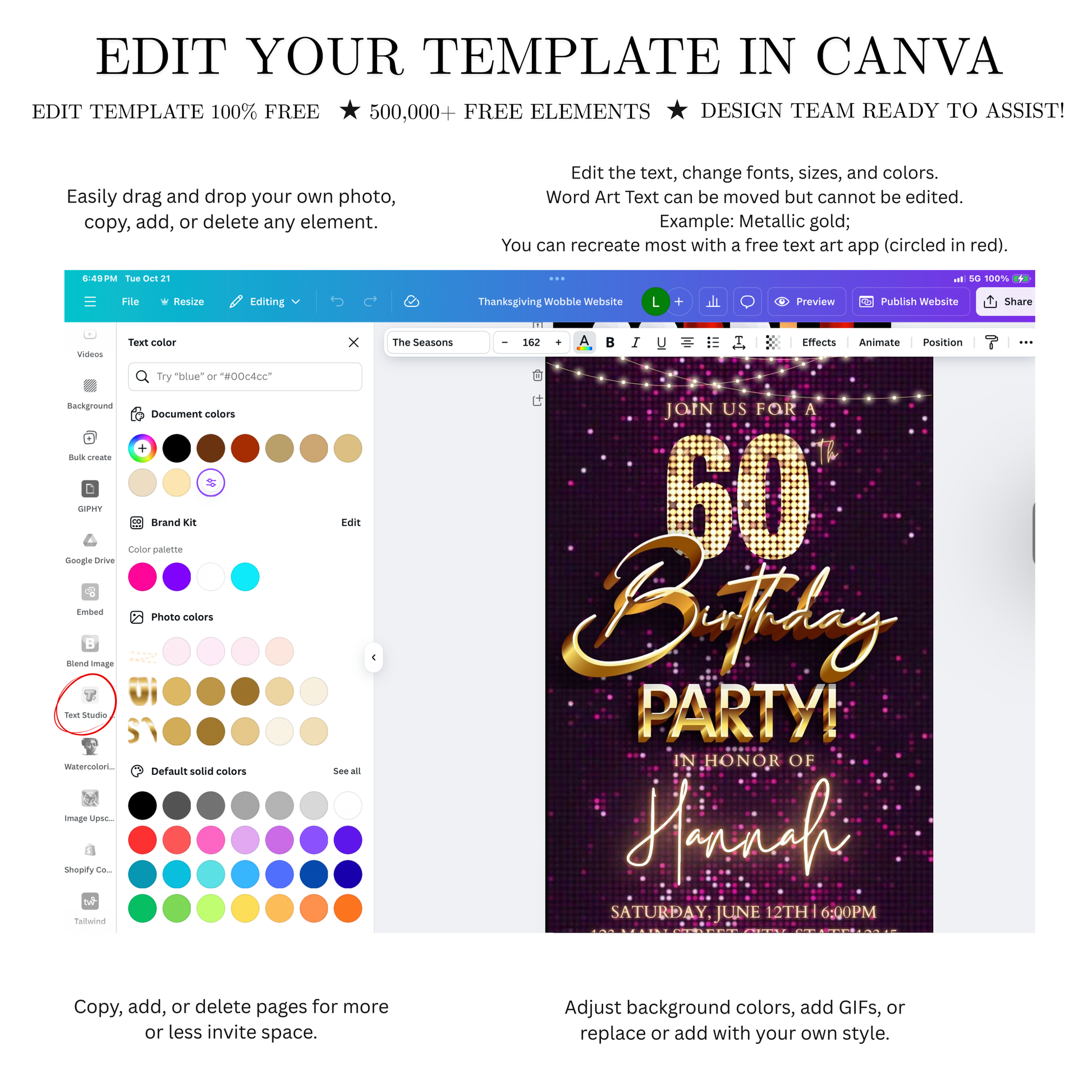 Editable violet sequin gold 60th birthday birthday video invitation displayed on a mobile phone, featuring an animated vertical digital invite with music, created in Canva. This premium video invitation template is designed for sharing by text, email, and social media and works with an interactive RSVP website for easy guest response tracking.