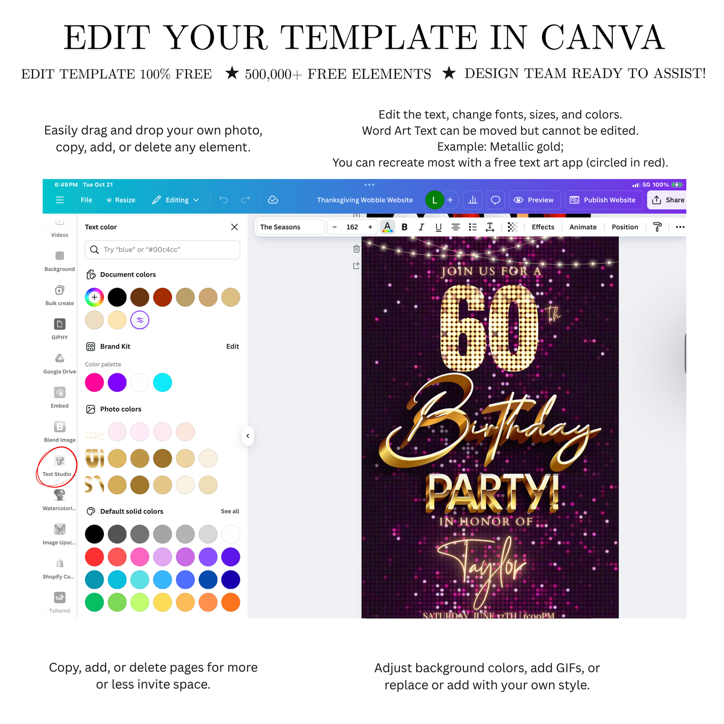 Editable violet gold sequin 60th birthday birthday video invitation displayed on a mobile phone, featuring an animated vertical digital invite with music, created in Canva. This premium video invitation template is designed for sharing by text, email, and social media and works with an interactive RSVP website for easy guest response tracking.