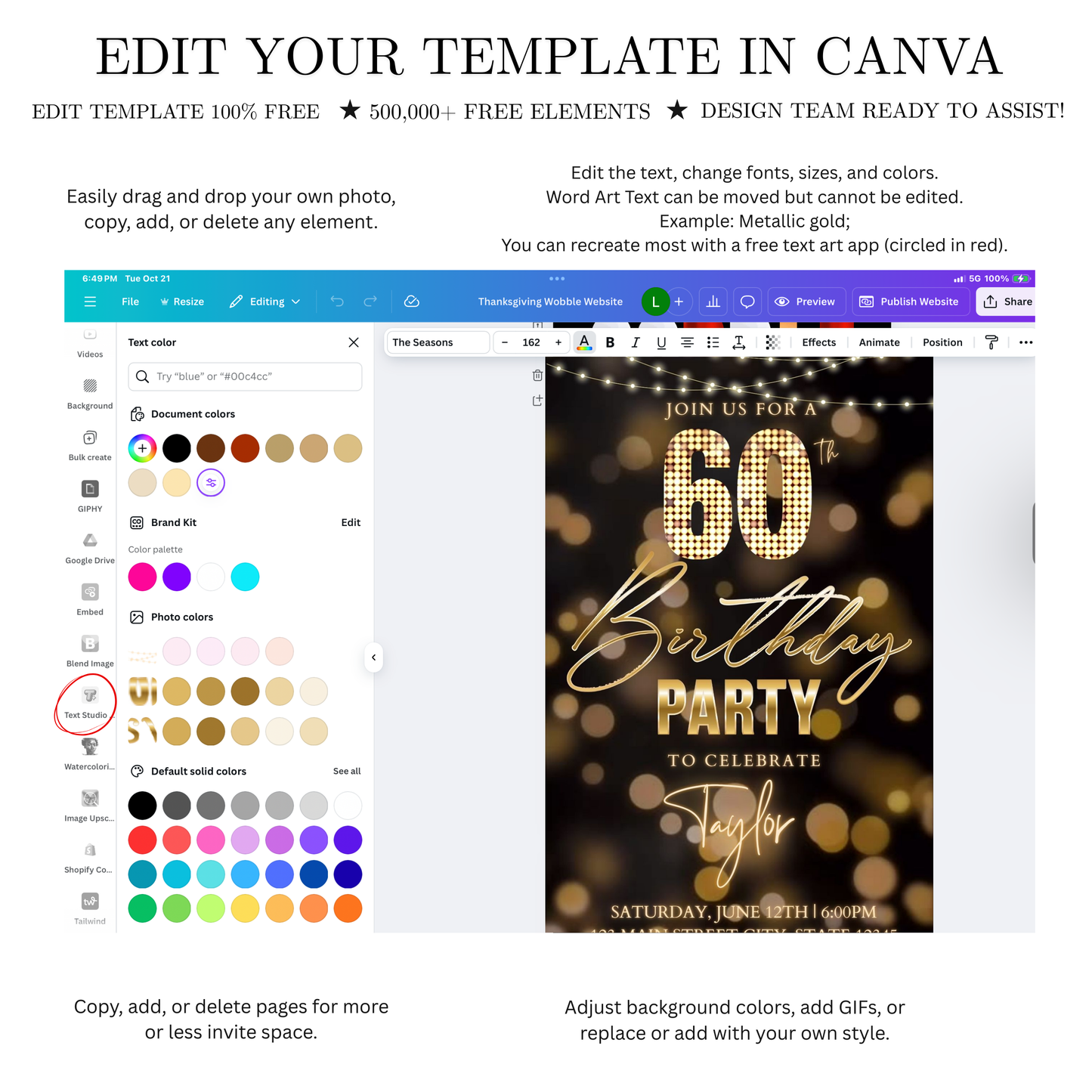 Editable gold bokeh lights 60th birthday birthday video invitation displayed on a mobile phone, featuring an animated vertical digital invite with music, created in Canva. This premium video invitation template is designed for sharing by text, email, and social media and works with an interactive RSVP website for easy guest response tracking.