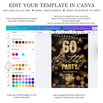 Editable gold bokeh lights 60th birthday birthday video invitation displayed on a mobile phone, featuring an animated vertical digital invite with music, created in Canva. This premium video invitation template is designed for sharing by text, email, and social media and works with an interactive RSVP website for easy guest response tracking.