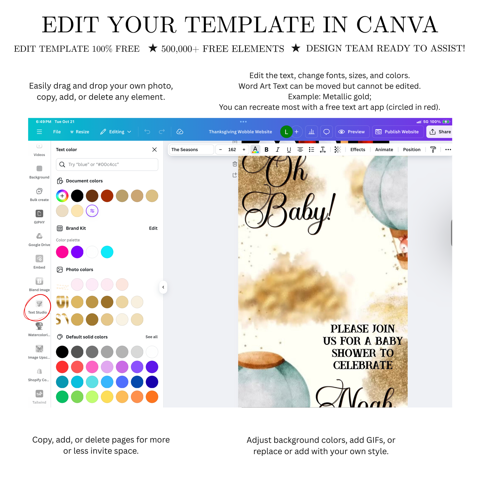 Editable woodland hot air balloon baby shower baby shower video invitation displayed on a mobile phone, featuring an animated vertical digital invite with music, created in Canva. This premium video invitation template is designed for sharing by text, email, and social media and works with an interactive RSVP website for easy guest response tracking.