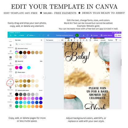 Editable woodland hot air balloon baby shower baby shower video invitation displayed on a mobile phone, featuring an animated vertical digital invite with music, created in Canva. This premium video invitation template is designed for sharing by text, email, and social media and works with an interactive RSVP website for easy guest response tracking.