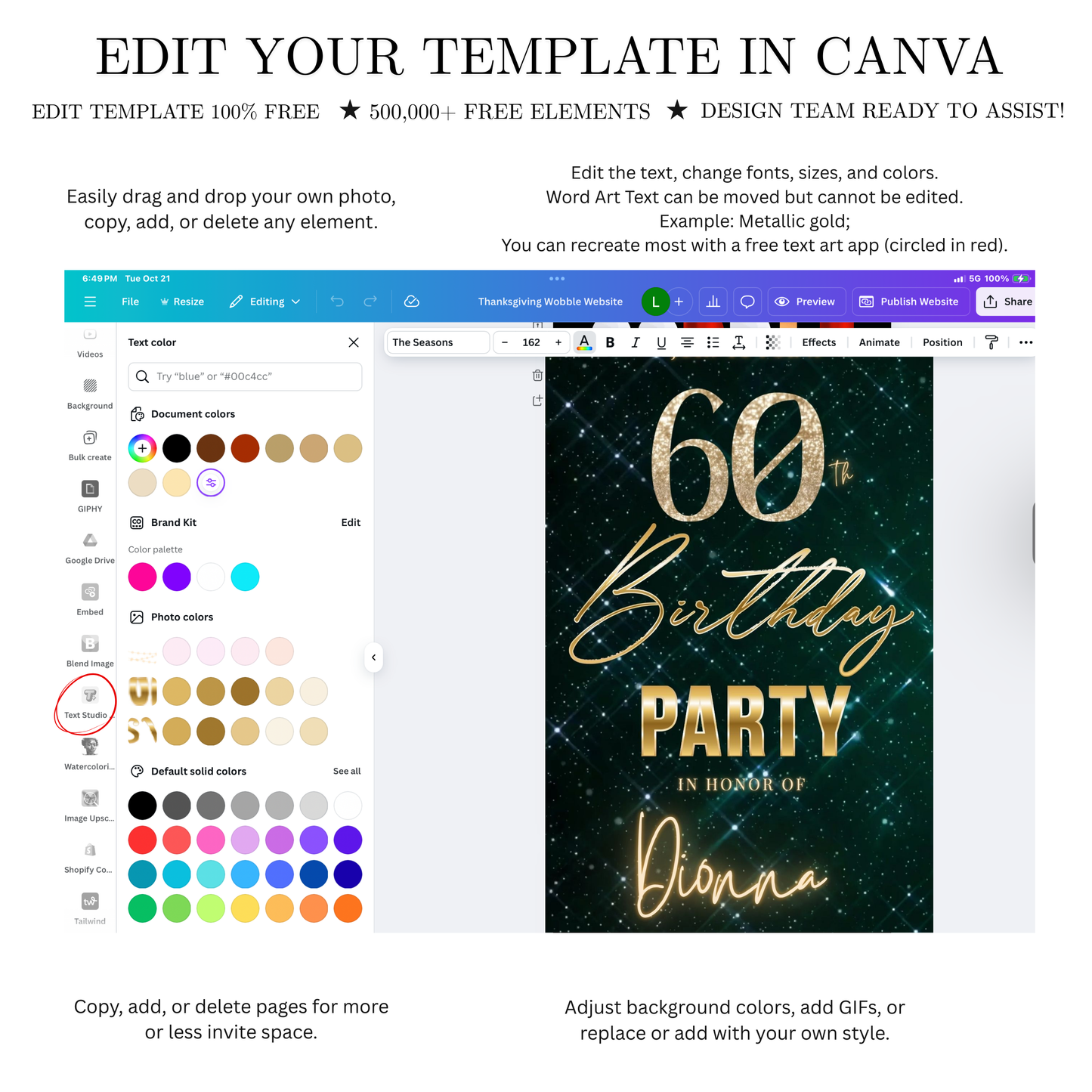 Editable teal glam 60th birthday birthday video invitation displayed on a mobile phone, featuring an animated vertical digital invite with music, created in Canva. This premium video invitation template is designed for sharing by text, email, and social media and works with an interactive RSVP website for easy guest response tracking.