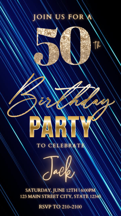 Editable navy blue gold luxury 50th birthday video invitation displayed on a mobile phone, featuring an animated vertical digital invite with music, created in Canva. This premium video invitation template is designed for sharing by text, email, and social media and works with an interactive RSVP website for easy guest response tracking.