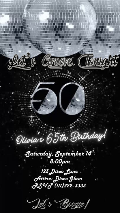 Editable silver studio 54 disco 50th birthday video invitation displayed on a mobile phone, featuring an animated vertical digital invite with music, created in Canva. This premium video invitation template is designed for sharing by text, email, and social media and works with an interactive RSVP website for easy guest response tracking.