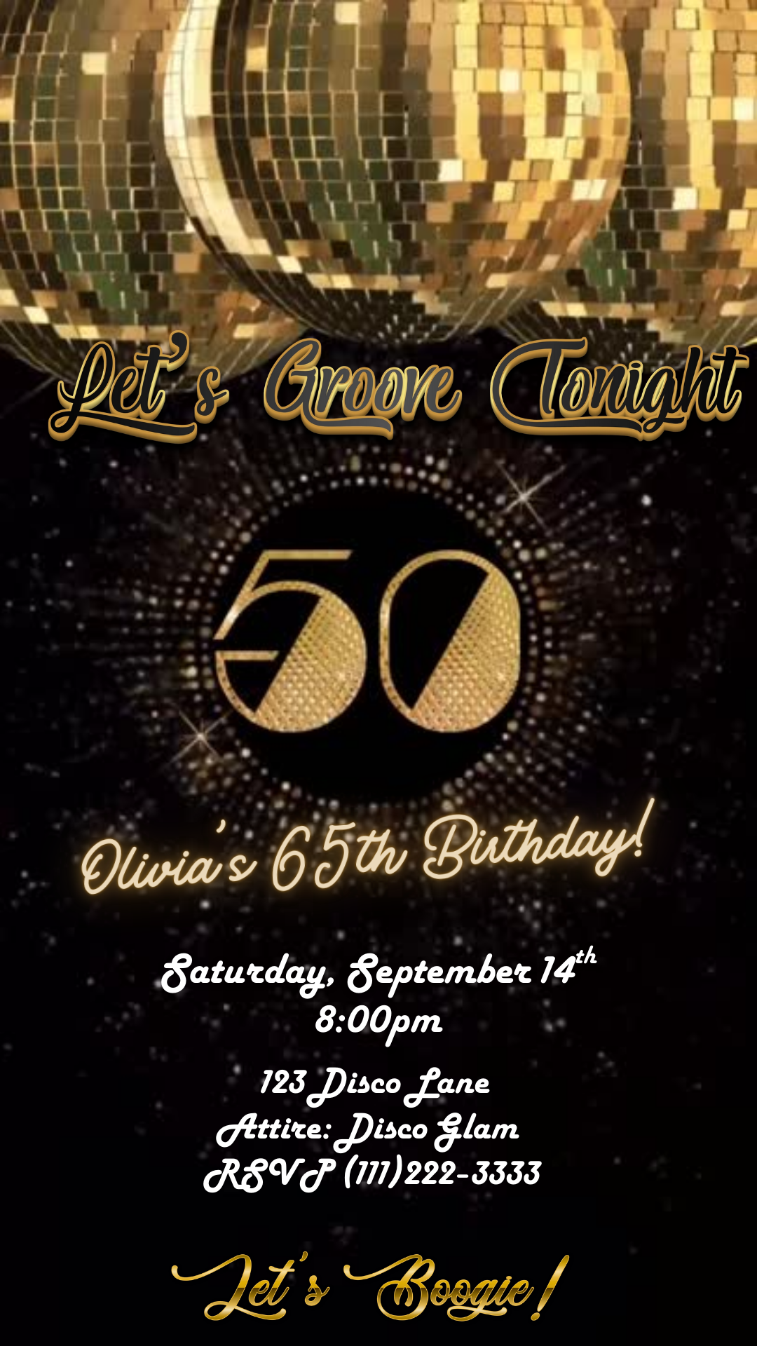 Editable gold studio 54 disco 50th birthday video invitation displayed on a mobile phone, featuring an animated vertical digital invite with music, created in Canva. This premium video invitation template is designed for sharing by text, email, and social media and works with an interactive RSVP website for easy guest response tracking.