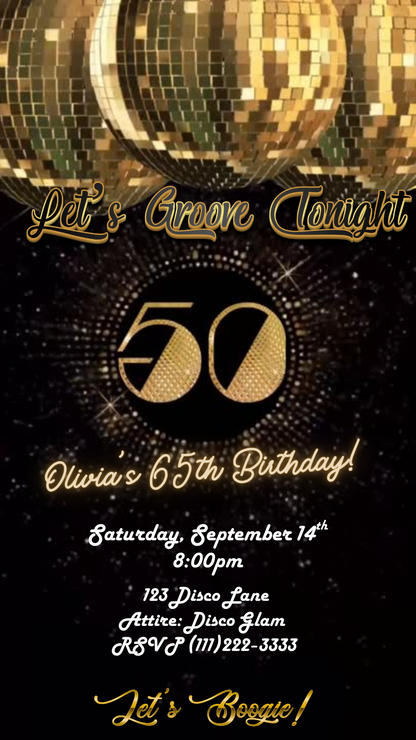 Editable gold studio 54 disco 50th birthday video invitation displayed on a mobile phone, featuring an animated vertical digital invite with music, created in Canva. This premium video invitation template is designed for sharing by text, email, and social media and works with an interactive RSVP website for easy guest response tracking.