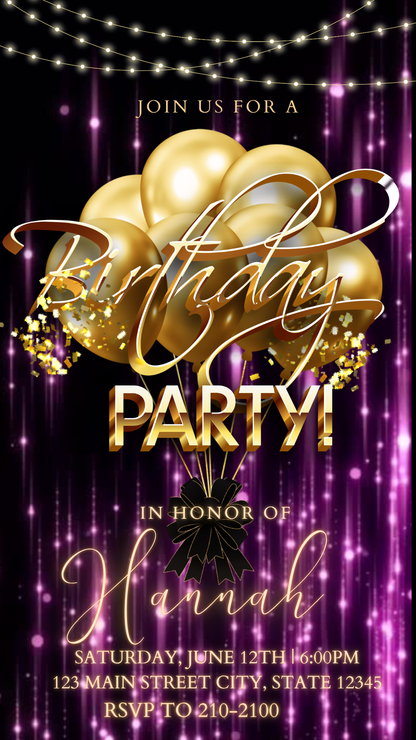 Glam Purple and Gold Video Invitation Instant Download