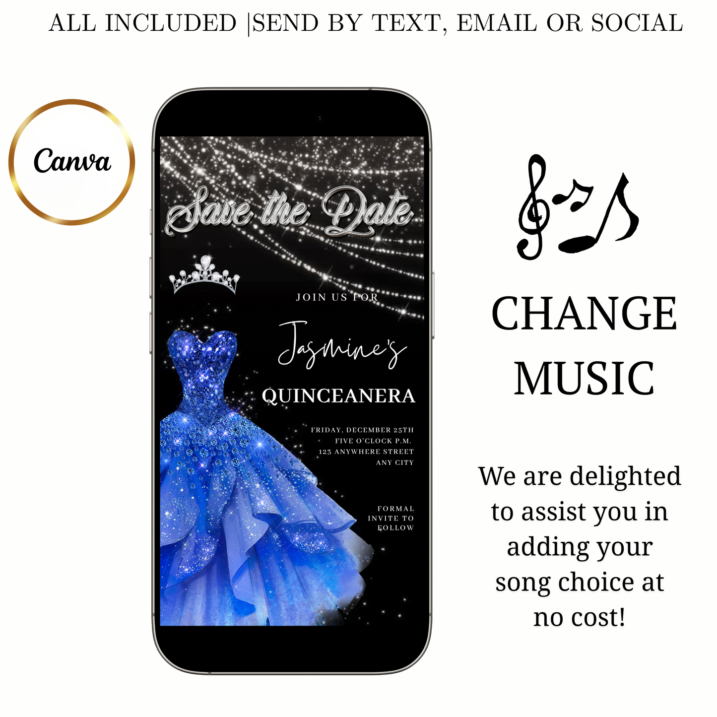 Royal Blue Quinceañera Video Invite | Sweet 15 16 Quince RSVP Tracker | Editable Save the Date Canva Evite Template