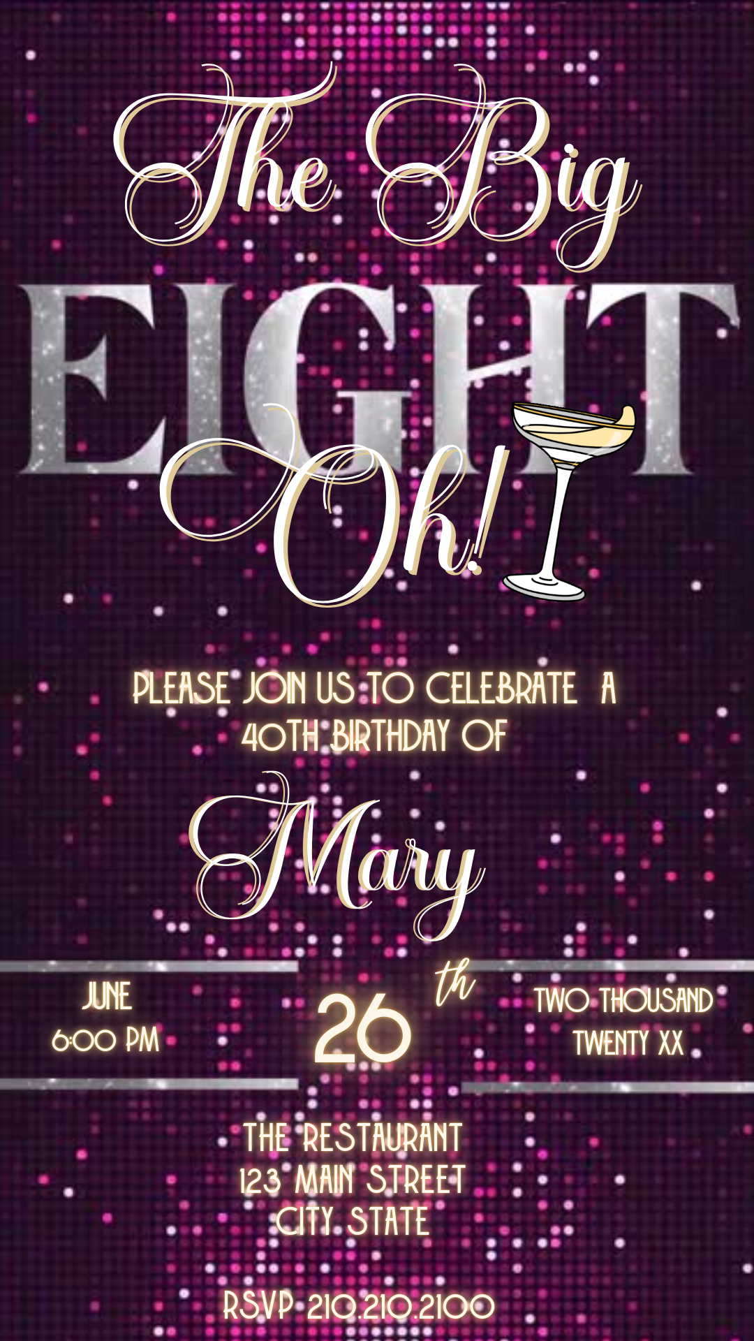 Editable violet gold 80th birthday video invitation displayed on a mobile phone, featuring an animated vertical digital invite with music, created in Canva. This premium video invitation template is designed for sharing by text, email, and social media and works with an interactive RSVP website for easy guest response tracking.