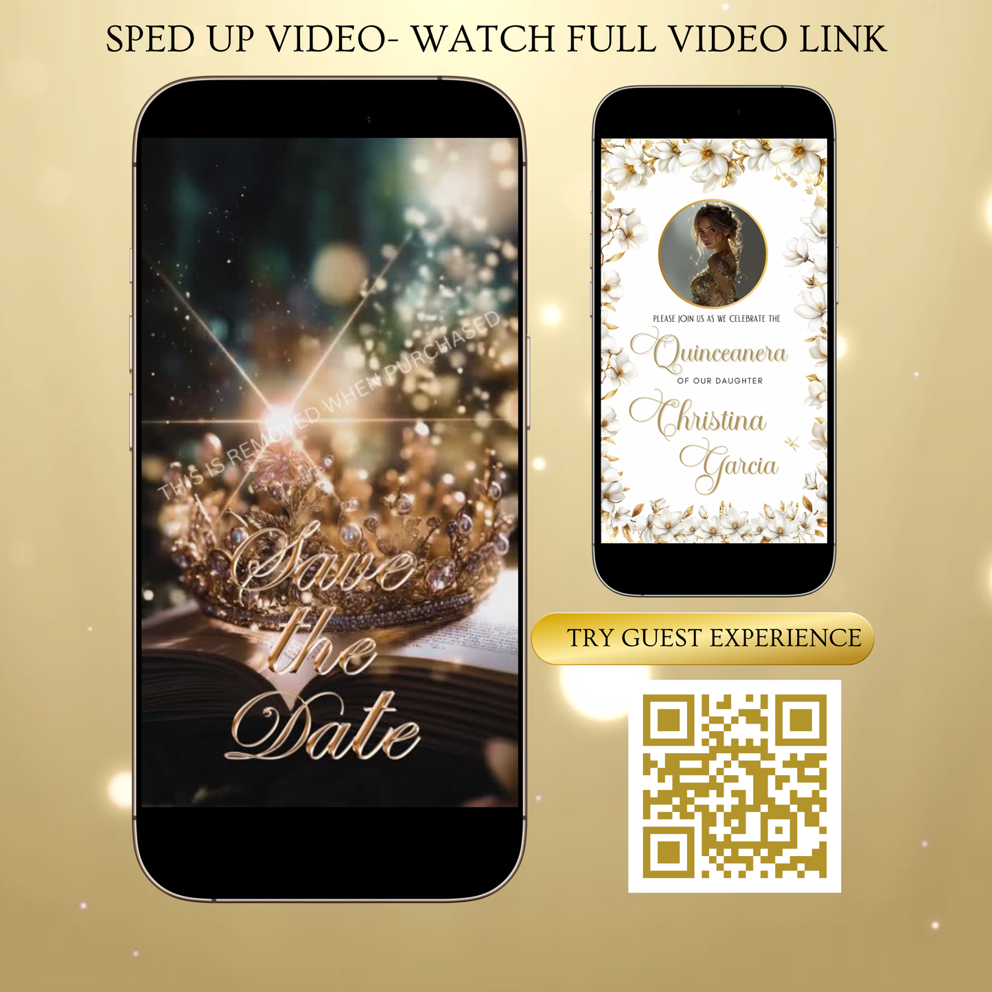 White and Gold Quinceañera Invitation | Royal Princess Video Invite with RSVP Website | Editable Canva Template | Elegant Gold Dress Sweet 16 Digital Evite