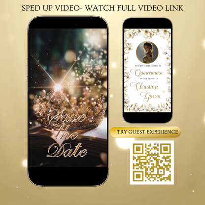 White and Gold Quinceañera Invitation | Royal Princess Video Invite with RSVP Website | Editable Canva Template | Elegant Gold Dress Sweet 16 Digital Evite