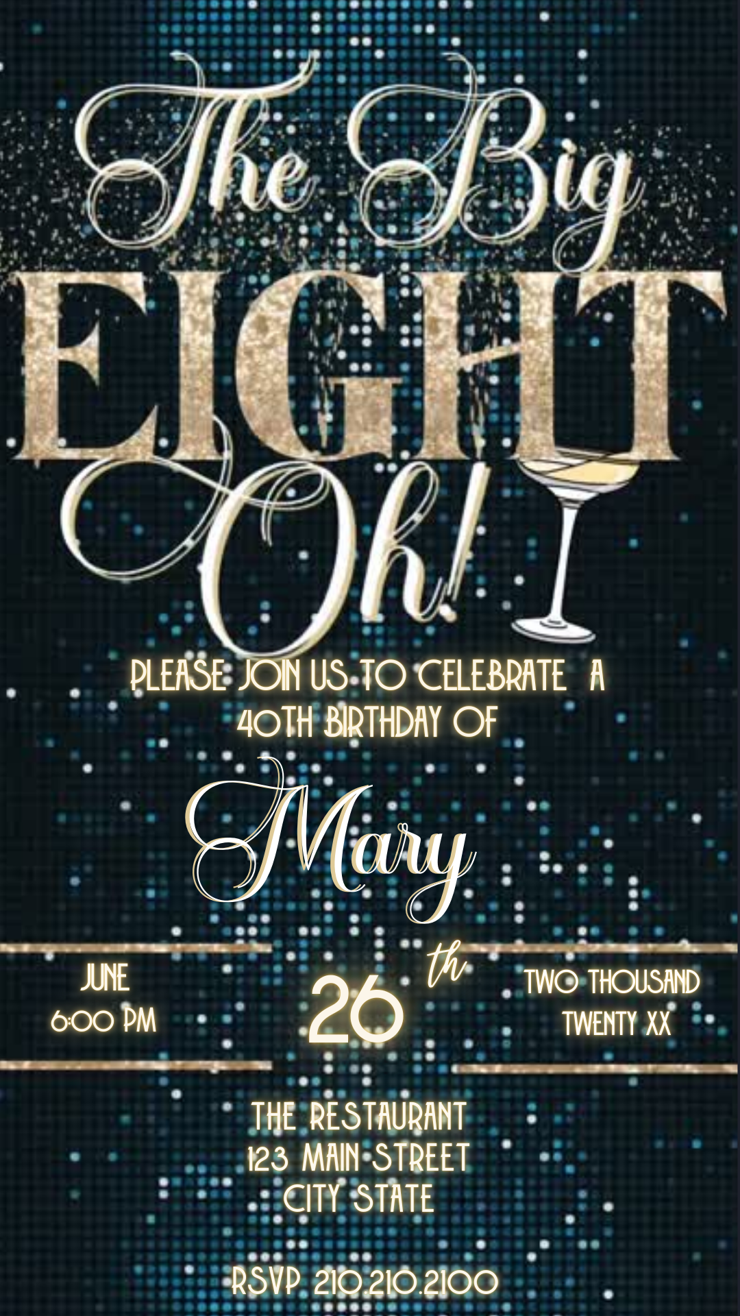 Editable emerald green gold 80th birthday video invitation displayed on a mobile phone, featuring an animated vertical digital invite with music, created in Canva. This premium video invitation template is designed for sharing by text, email, and social media and works with an interactive RSVP website for easy guest response tracking.