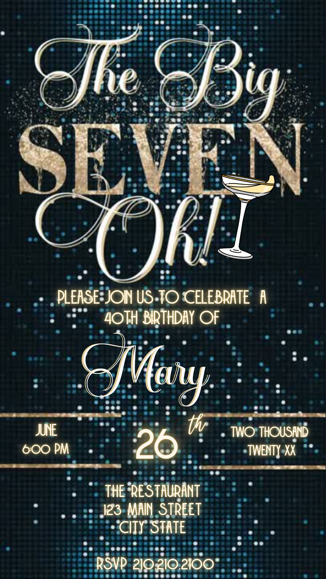 Editable emerald green gold 70th birthday video invitation displayed on a mobile phone, featuring an animated vertical digital invite with music, created in Canva. This premium video invitation template is designed for sharing by text, email, and social media and works with an interactive RSVP website for easy guest response tracking.