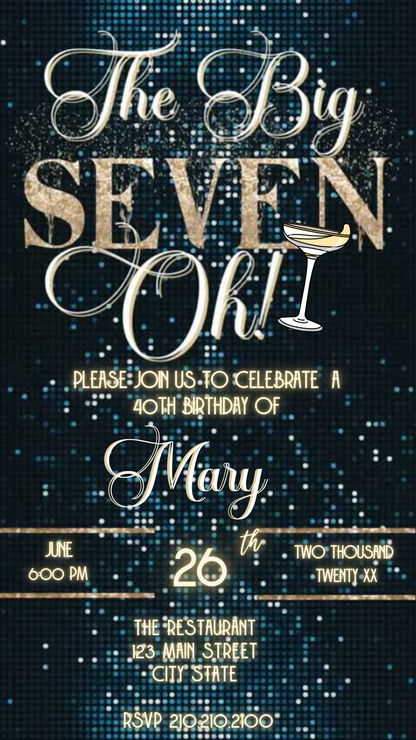 Editable emerald green gold 70th birthday video invitation displayed on a mobile phone, featuring an animated vertical digital invite with music, created in Canva. This premium video invitation template is designed for sharing by text, email, and social media and works with an interactive RSVP website for easy guest response tracking.