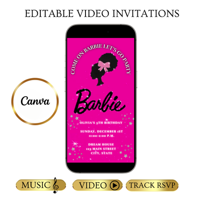 Editable Barbie Video Invitation | Animated Pink Barbie Digital Evite | Editable Canva Invite Template
