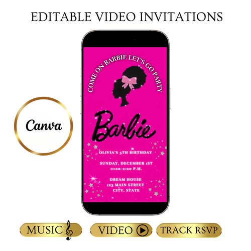 Editable Barbie Video Invitation | Animated Pink Barbie Digital Evite | Editable Canva Invite Template