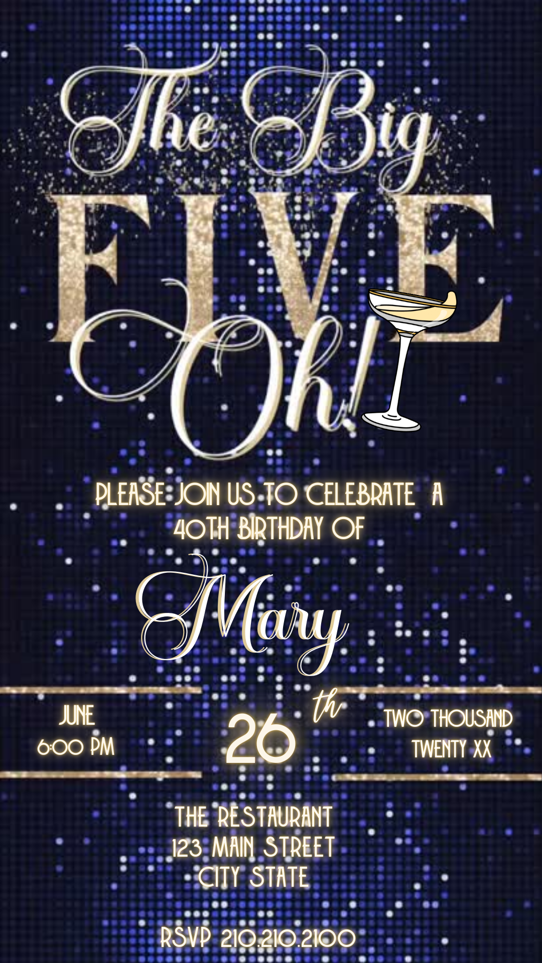 Editable royal blue gold 50th birthday video invitation displayed on a mobile phone, featuring an animated vertical digital invite with music, created in Canva. This premium video invitation template is designed for sharing by text, email, and social media and works with an interactive RSVP website for easy guest response tracking.