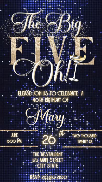 Editable royal blue gold 50th birthday video invitation displayed on a mobile phone, featuring an animated vertical digital invite with music, created in Canva. This premium video invitation template is designed for sharing by text, email, and social media and works with an interactive RSVP website for easy guest response tracking.