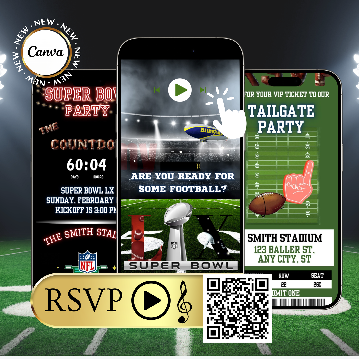 Super Bowl LX Video Invitation and RSVP Website | Game Day Party Invite | Digital Football Invite Template