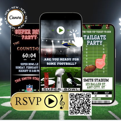 Super Bowl LX Video Invitation and RSVP Website | Game Day Party Invite | Digital Football Invite Template