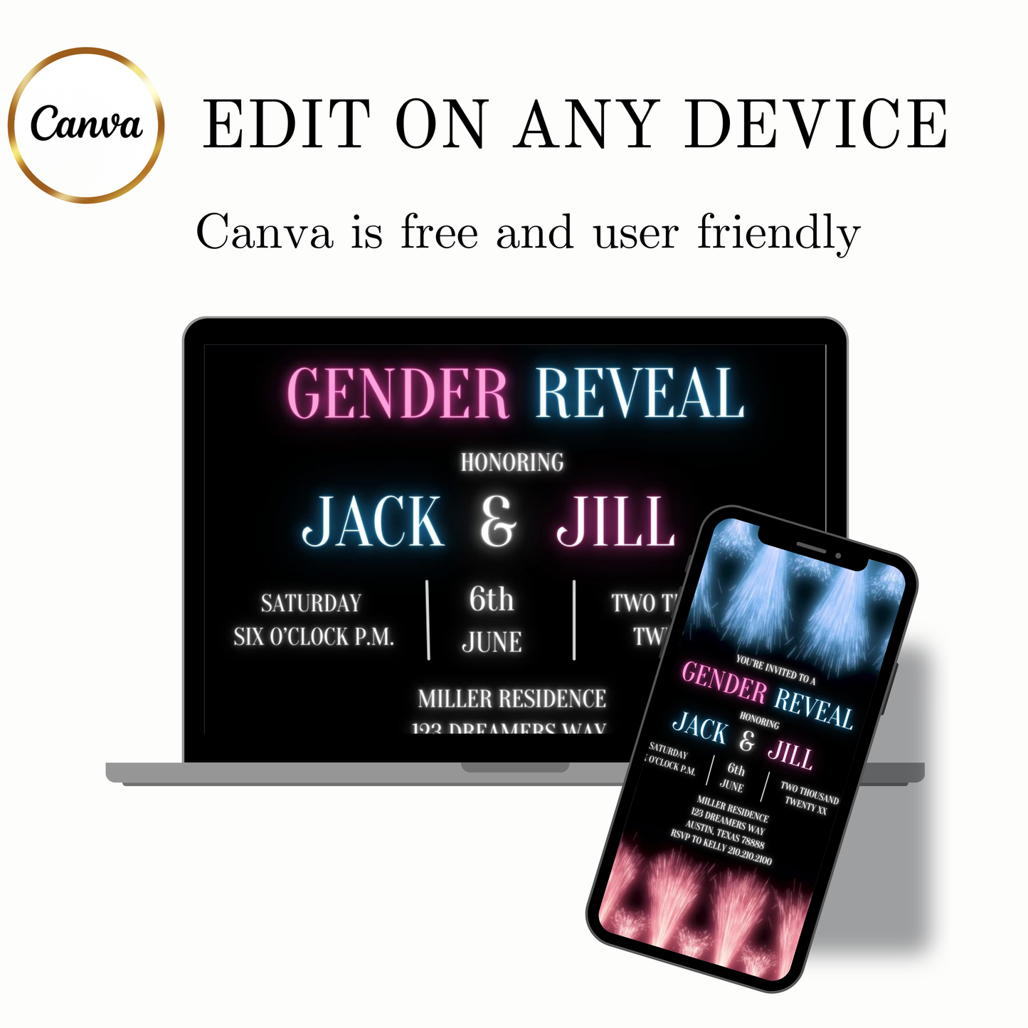 Editable fireworks gender reveal event video invitation displayed on a mobile phone, featuring an animated vertical digital invite with music, created in Canva. This premium video invitation template is designed for sharing by text, email, and social media and works with an interactive RSVP website for easy guest response tracking.