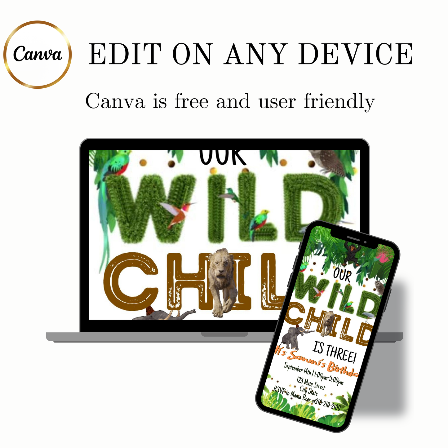 Editable wild jungle birthday birthday video invitation displayed on a mobile phone, featuring an animated vertical digital invite with music, created in Canva. This premium video invitation template is designed for sharing by text, email, and social media and works with an interactive RSVP website for easy guest response tracking.